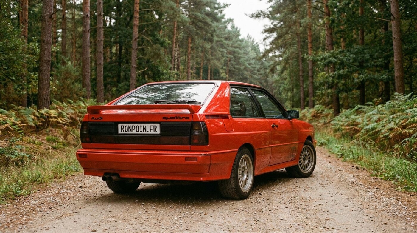 Audi Ur-quattro rouge de trois quarts arrière avec lettrage quattro sur la lunette, chemin forestier
