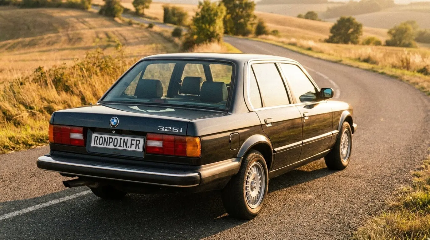 BMW Série 3 E30 berline noire de trois quarts arrière sur une route de campagne