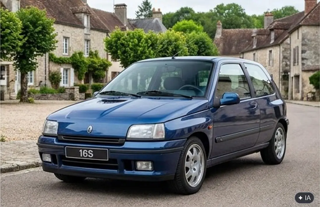 Renault Clio 16S bleue de trois quarts avant