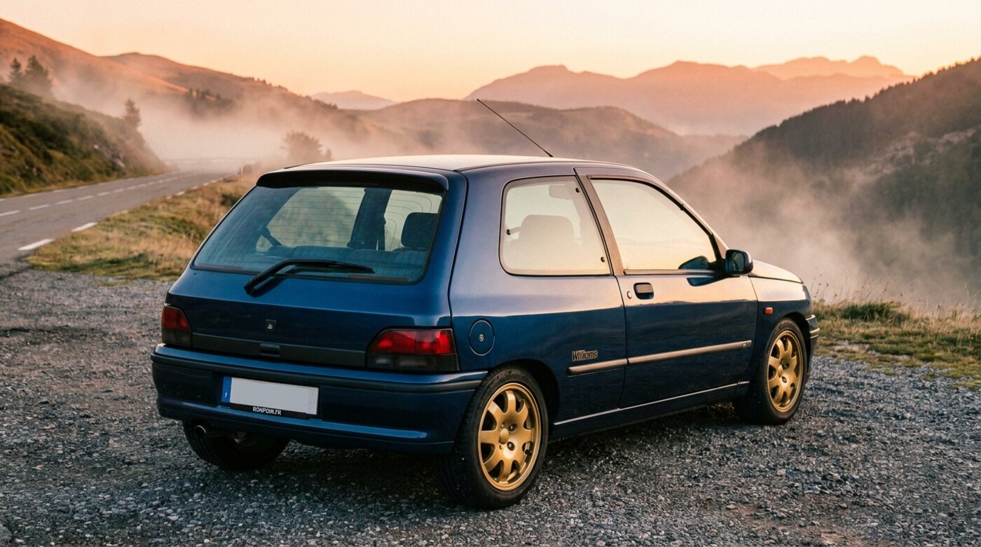 Clio Williams bleu sport de trois quarts arrière avec monogramme Williams, aire de montagne au lever du soleil