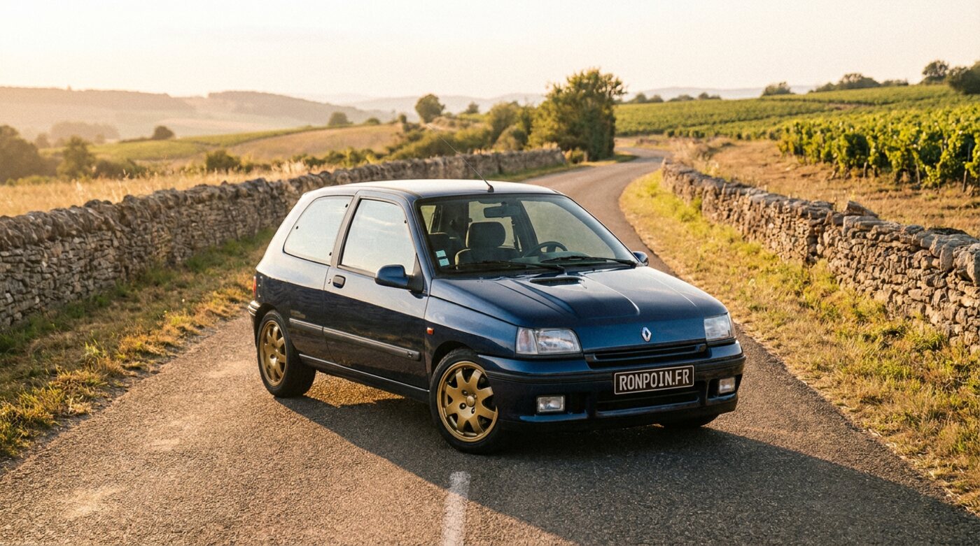 Renault Clio Williams bleu sport aux jantes dorées sur route de campagne