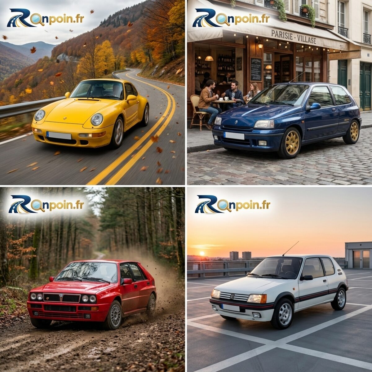 Planche youngtimers : Porsche 911 jaune, BMW E30, 205 GTI rouge
