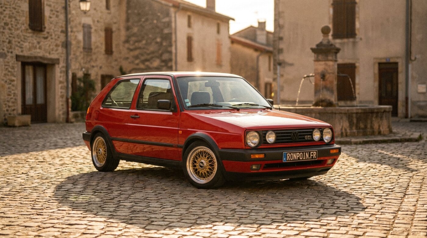 Volkswagen Golf GTI Mk2 rouge tornado, jantes BBS, sur une place de village pavée