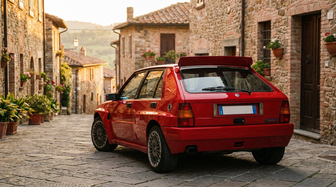 Lancia Delta Integrale rouge de trois quarts arrière avec becquet de toit, village italien à flanc de colline