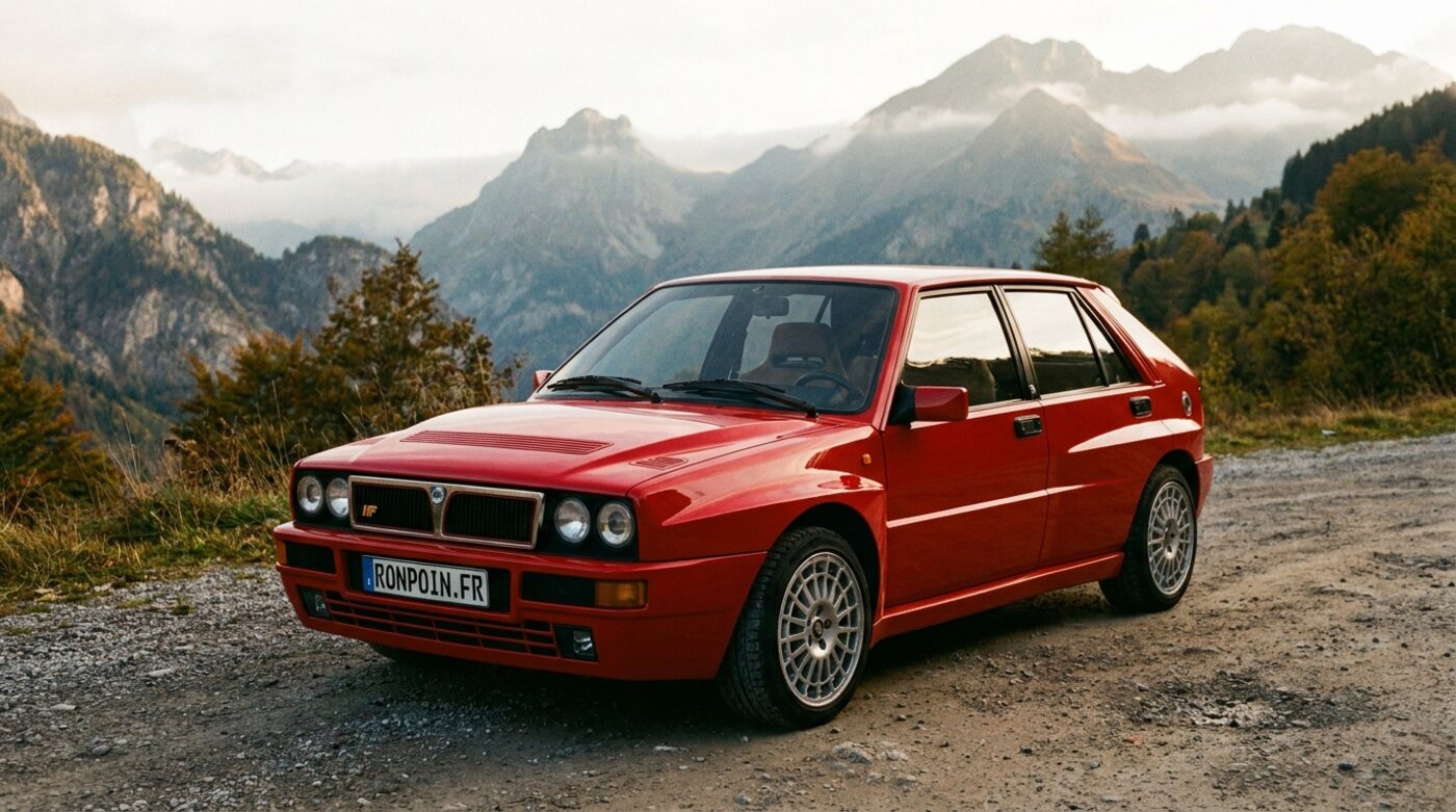 Lancia Delta HF Integrale rouge aux ailes élargies sur route alpine
