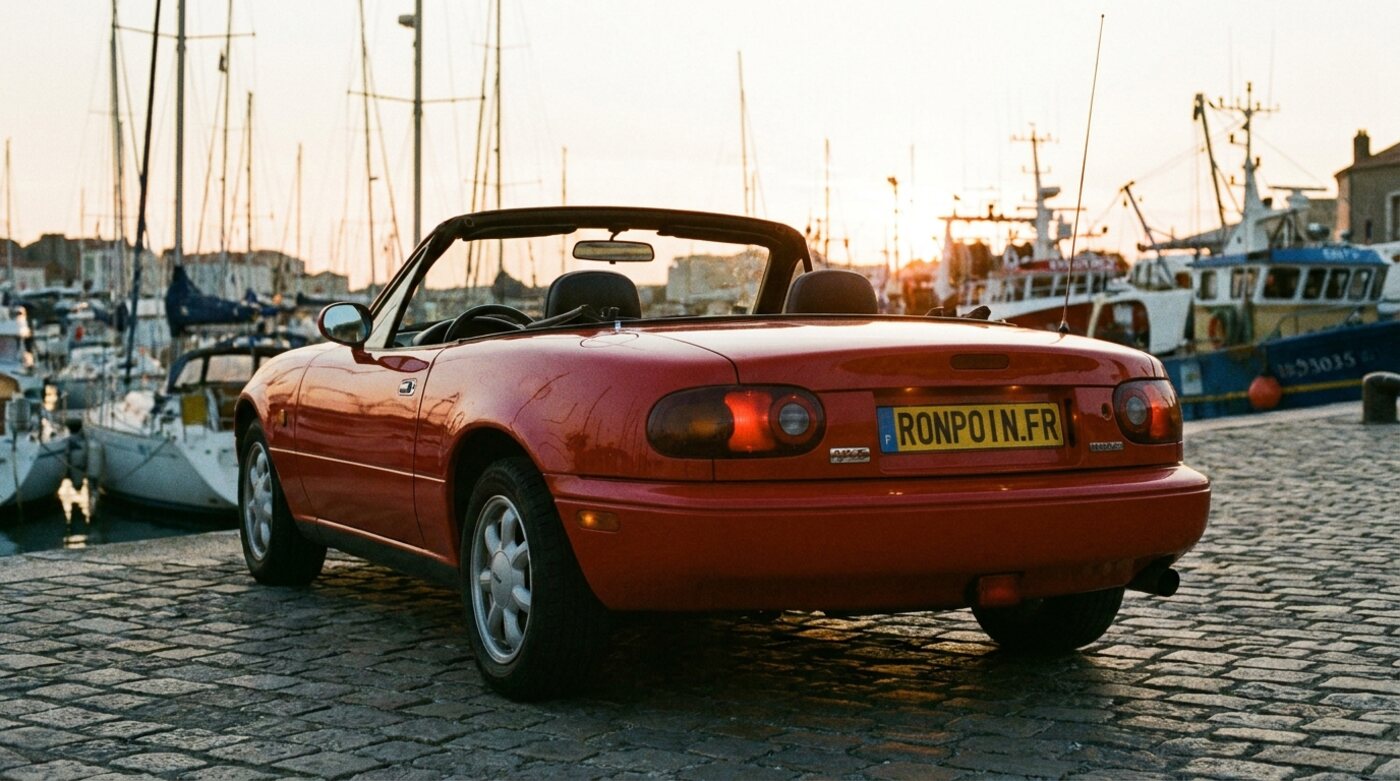 Mazda MX-5 NA rouge de trois quarts arrière capote ouverte près d'un port au coucher du soleil