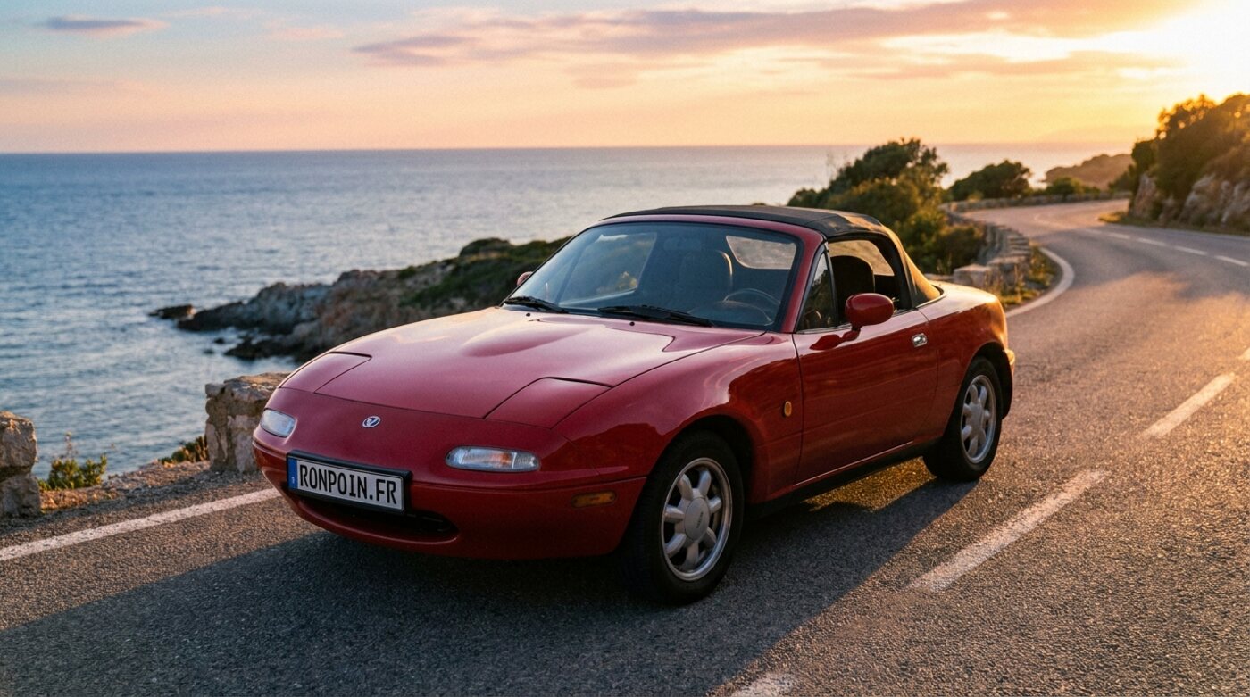 Mazda MX-5 NA rouge capote ouverte sur route côtière au coucher du soleil