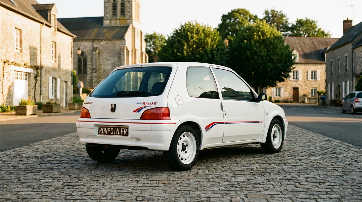Peugeot 106 Rallye blanche de trois quarts arrière sur parking pavé