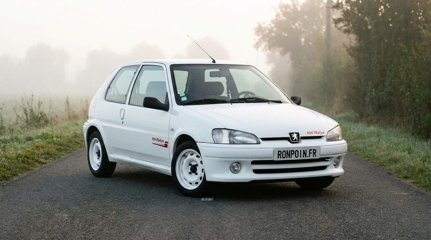 Peugeot 106 Rallye blanche, jantes tôle blanches, sur une route de campagne dans la brume matinale