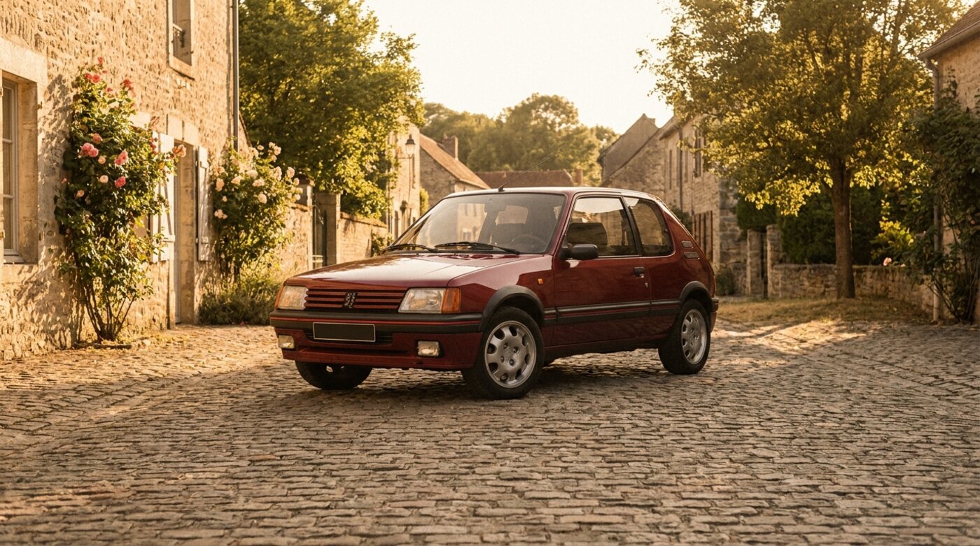 Peugeot 205 GTI bordeaux de trois quarts avant dans un village français