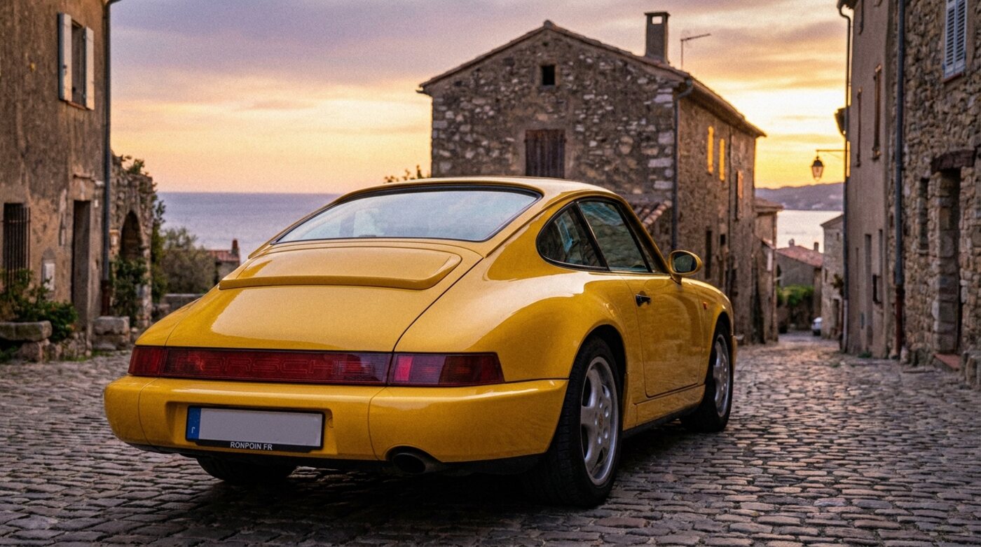 Porsche 911 964 jaune vitesse de trois quarts arrière dans une ruelle de village côtier au coucher du soleil