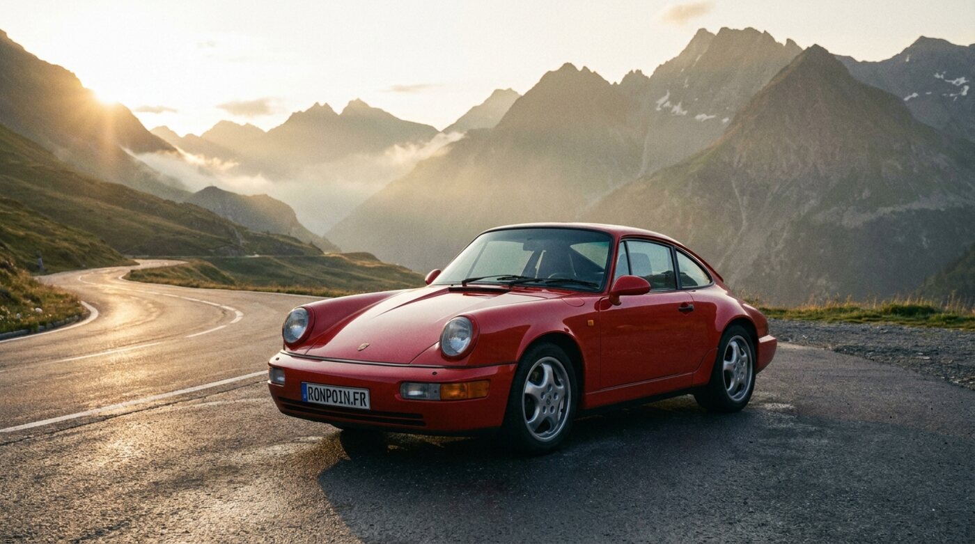 Porsche 911 Carrera 964 rouge sur un col alpin au petit matin