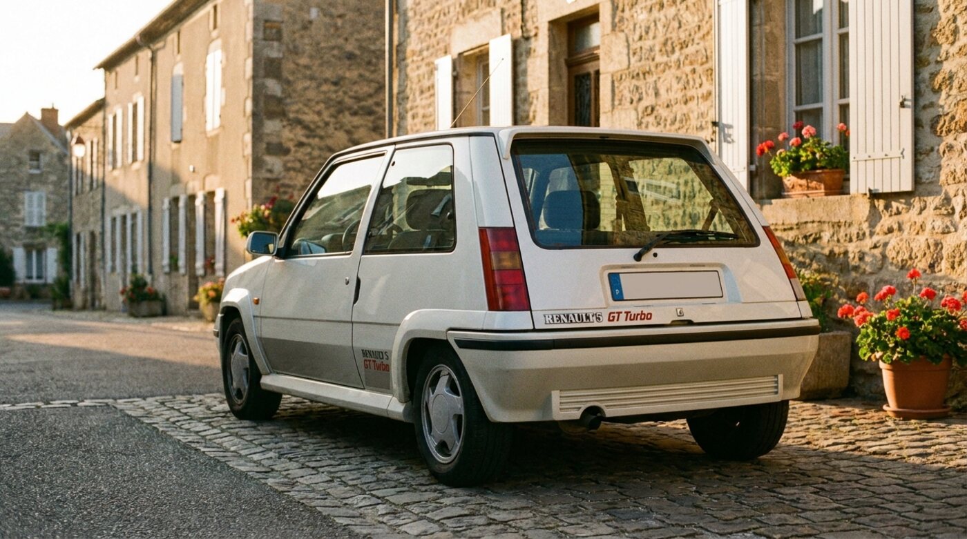 Renault 5 GT Turbo blanche de trois quarts arrière avec becquet, rue de village au coucher du soleil