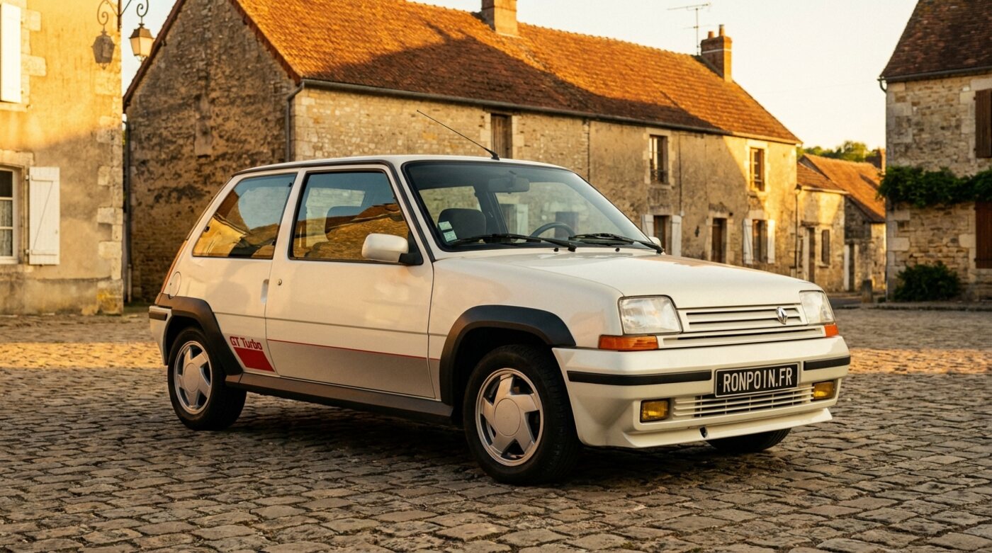 Renault 5 GT Turbo blanche à stickers rouges sur une place de village