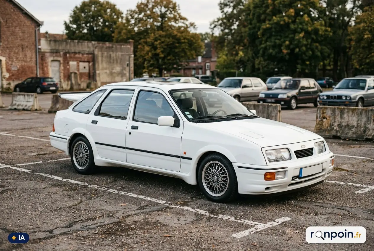 Ford Sierra RS Cosworth blanche à aileron biplan de trois quarts avant — illustration générée par IA