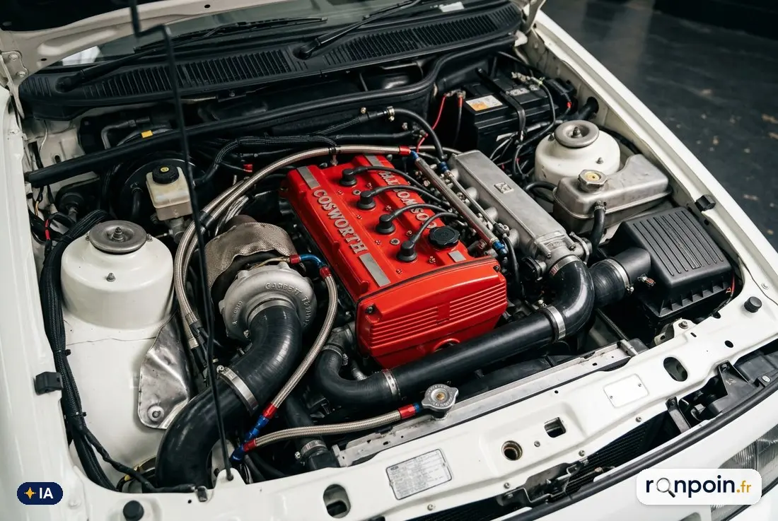 Compartiment moteur turbo de la Ford Sierra Cosworth, cache moteur rouge YB